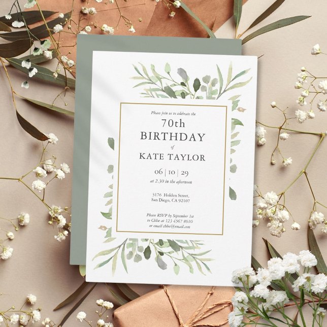 Elegant Gold Watercolour Greenery 70th Birthday Invitation (Elegant Gold Watercolour Greenery 70th Birthday Invitation)