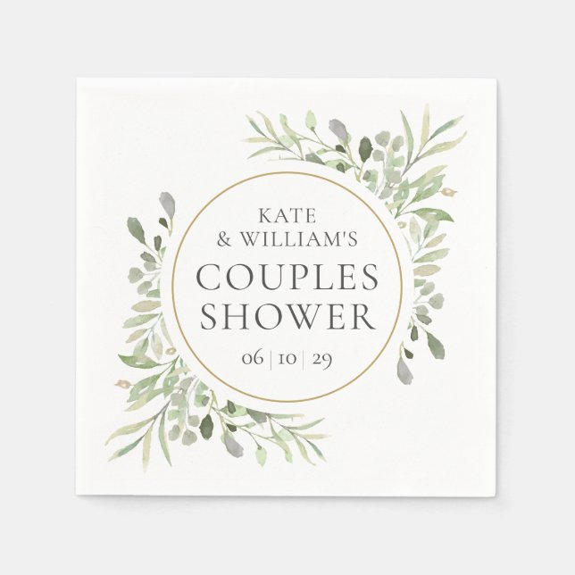 Elegant Gold Watercolour Greenery Couples Shower Napkin (Front)