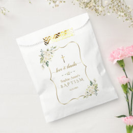 Elegant gold Watercolour White Flowers Baptism Favour Bag
