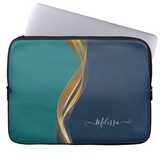 Elegant Gold Wave Blue Teal Electronics Bag (Front)