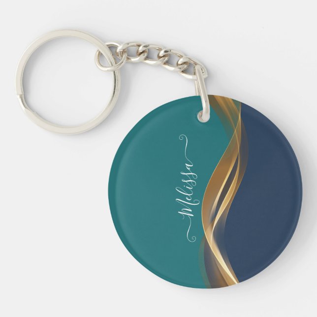 Elegant Gold Wave Blue Teal Keychain (Front)