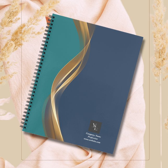 Elegant Gold Wave Blue Teal with Business Logo Notebook (Creator Uploaded)