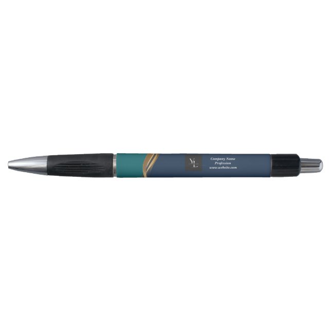 Elegant Gold Wave Blue Teal with Business Logo Pen (Front)
