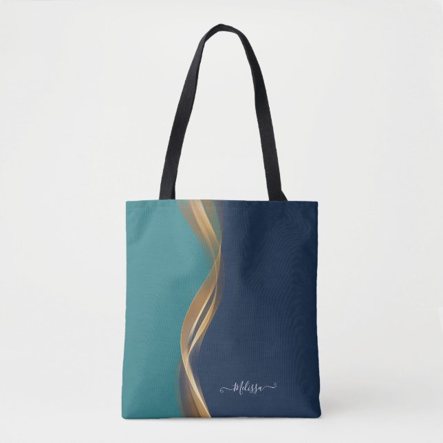 Elegant Gold Wave Blue Teal with Name Tote Bag (Front)