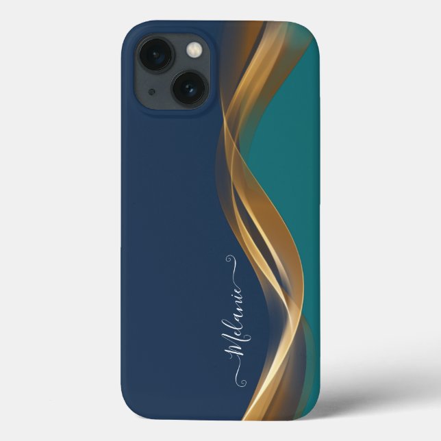 Elegant Gold Waves Blue Teal with Name Case-Mate iPhone Case (Back)