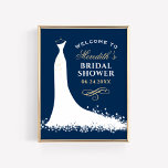 Elegant Gold Wedding Gown Bridal Shower Welcome Poster<br><div class="desc">Wedding bridal shower welcome sign / poster for the stylish bride-to-be features a flowing wedding gown design,  custom text that can be personalized. Soft white / ivory,  dark navy blue (can be customized),  and champagne gold / tan colours.</div>