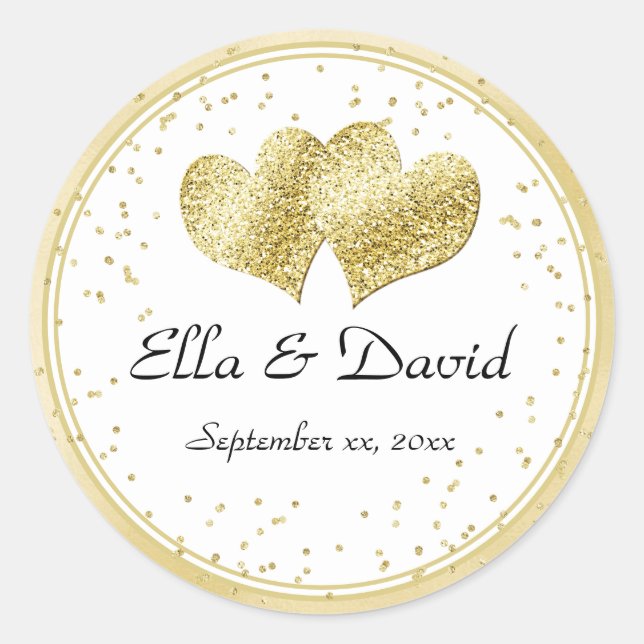 Elegant Gold Wedding Hearts Classic Round Sticker (Front)