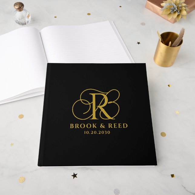 Elegant Gold Wedding Monogram Black Guest Book (Front Open)