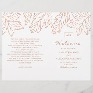 Elegant gold wedding program folded. Blue botanic