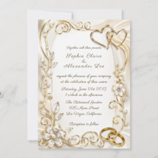 Elegant Gold Wedding Rings and Hearts Invitation