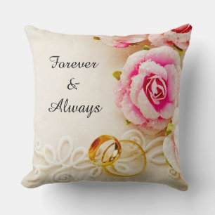 Elegant Gold Wedding Rings with Roses Romantic 💍 Throw Pillow