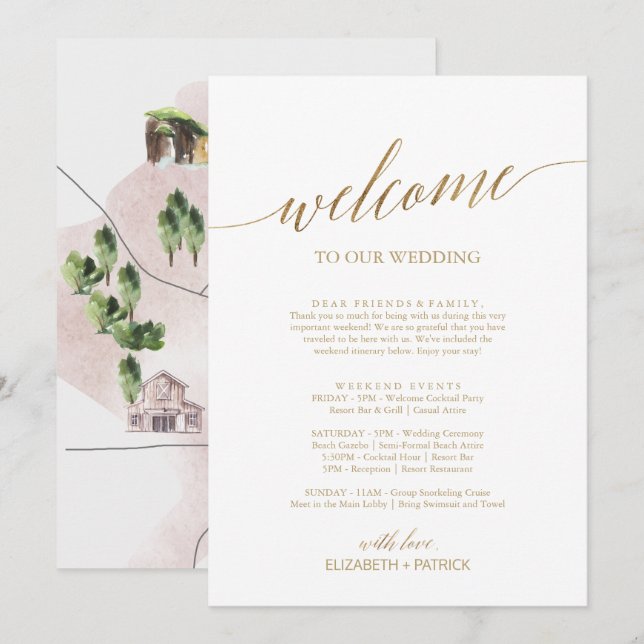 Elegant Gold Welcome Letter Itinerary & Map (Front/Back)