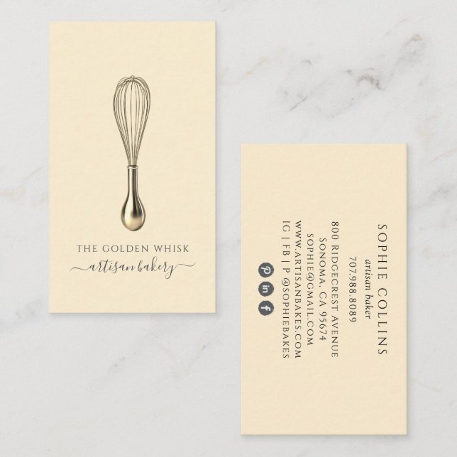 Elegant Gold Whisk Baker Bakery Chef Caterer Business Card (Front/Back)