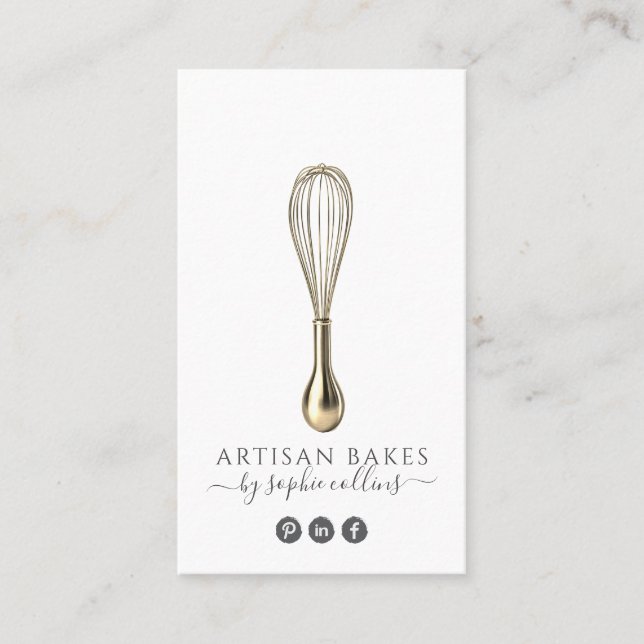 Elegant Gold Whisk Baker Bakery Pastry Chef Business Card (Front)