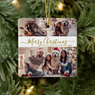Elegant Gold White 3 Photo Collage Christmas Ceramic Ornament