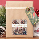 Elegant Gold White 3 Photo Collage Christmas  Square Sticker<br><div class="desc">Modern Simple Elegant Calligraphy Gold and White 3 Photo Collage Merry Christmas Script Holiday Gift Square Sticker. This festive,  minimalist,  sticker features a pretty grid photo collage and says „Merry Christmas”! which is written in a beautiful hand lettered swirly swash-tail font script in gold on white colour background.</div>