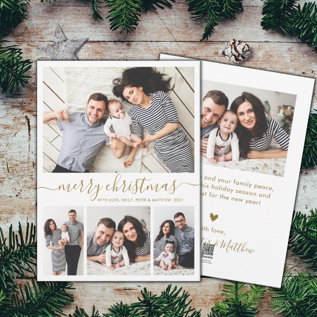 Elegant Gold White 4 Photo Collage Christmas Holid Holiday Card (Creator Uploaded)