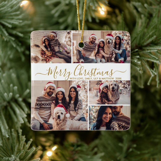 Elegant Gold White 5 Photo Collage Christmas  Ceramic Ornament (Tree)