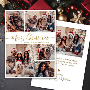Elegant Gold White 5 Photo Collage Christmas Holiday Card