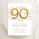 Elegant Gold White 90th Birthday Invitation<br><div class="desc">Elegant gold white 90th birthday party invitation. Customizable modern feminine design featuring roses botanical accents and faux glitter gold. Simple floral invite card perfect for a stylish female bday celebration. Personalize with your own details. Printed Zazzle invitations or instant download digital printable template.</div>