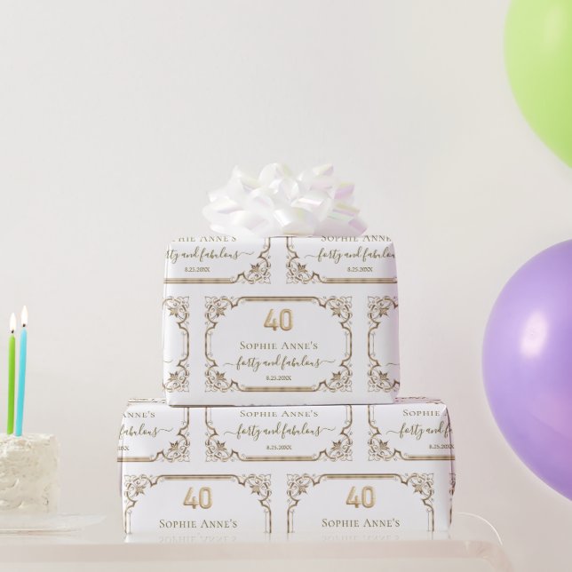 Elegant Gold White Art Deco 40th Birthday Wrapping Paper (Party Gifts)