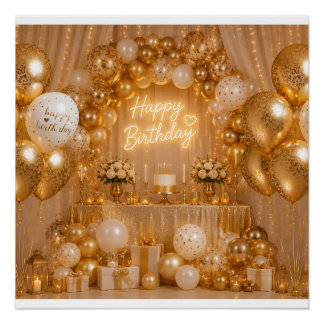 Elegant Gold & White Birthday Balloon backdrop Poster