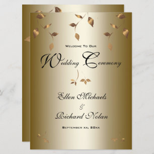 Elegant Gold, White, Black Falling Leaves Wedding Program