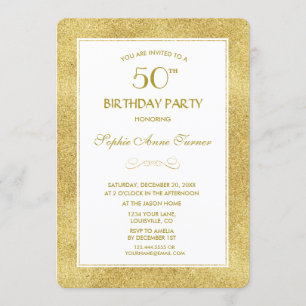 Elegant Gold & White Border 50th Birthday Party Invitation