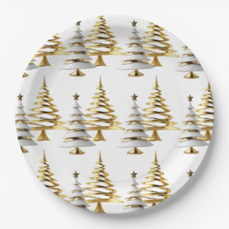 Elegant Gold & White Christmas winter snow tree Paper Plate