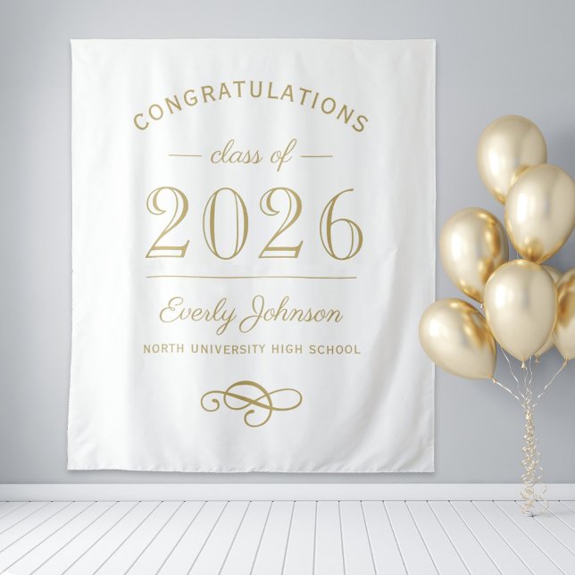 Elegant Gold White Class of 2026 Backdrop Tapestry (Creator Uploaded)