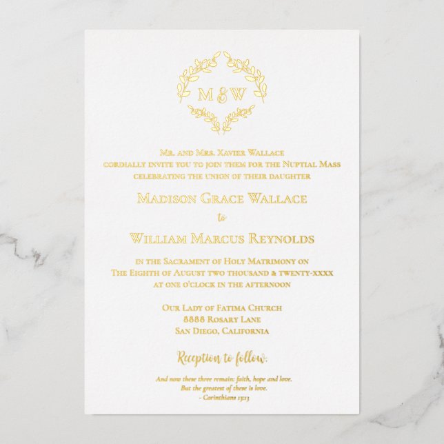 Elegant gold & white Crest Modern Catholic Wedding (Front)