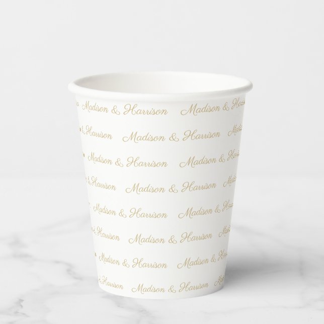 Elegant gold white Custom script couple names chic Paper Cups (Front)