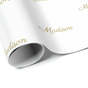 Elegant gold white custom script name Birthday  Wrapping Paper