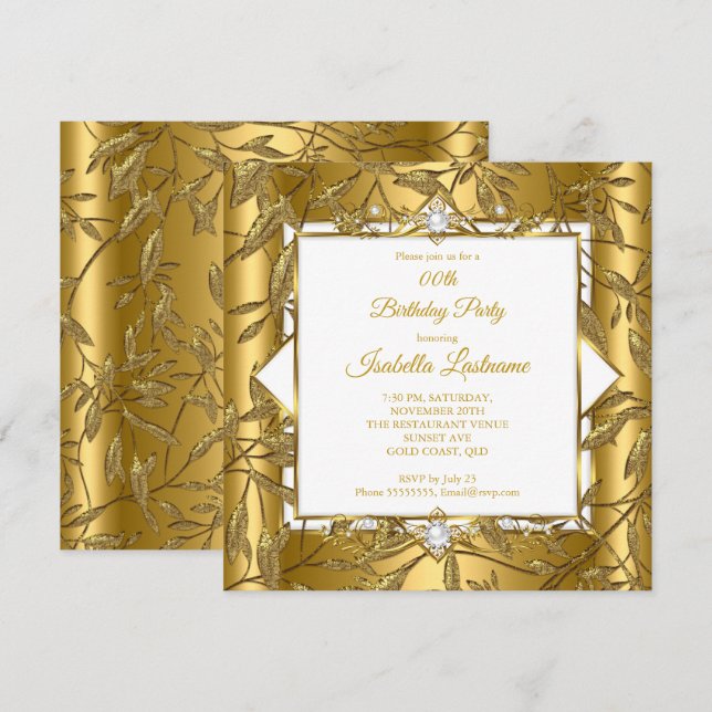 Elegant Gold White Damask Pearl Birthday Party Invitation (Front/Back)