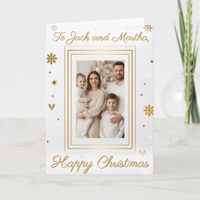 Elegant Gold & White Family Photo Christmas Card (Front)