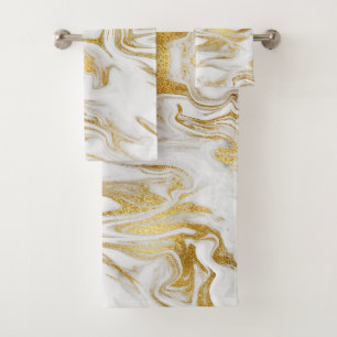 Elegant Gold White Faux Marble Bath Towel Set