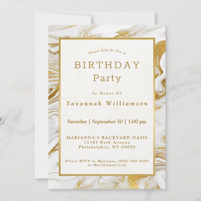 Elegant Gold White Faux Marble Birthday Invitation (Front)