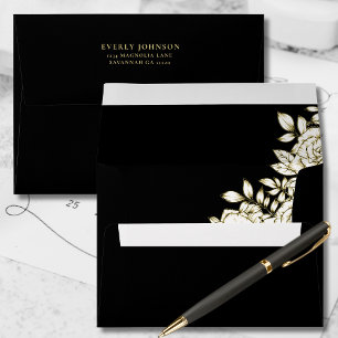 Elegant Gold White Floral Black Return Address Envelope