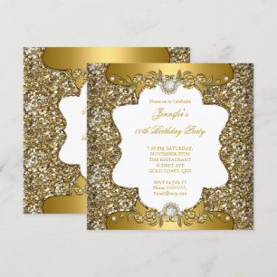 Elegant Gold White Floral Diamond Jewel Party SQ Invitation