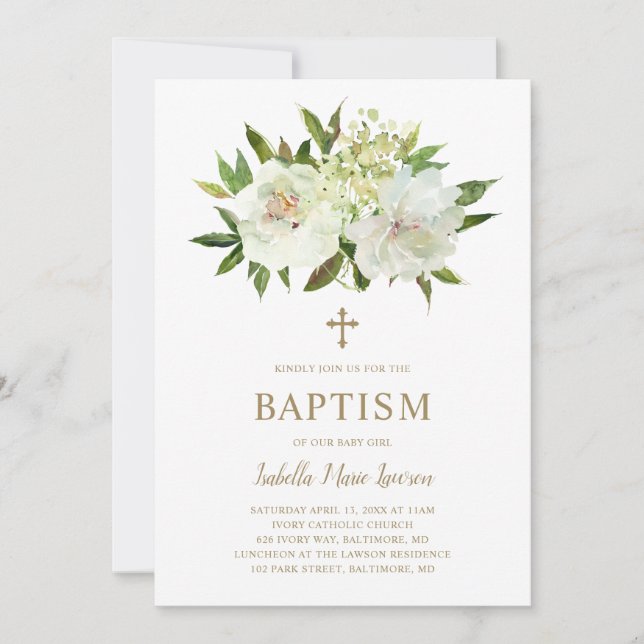 Elegant Gold White Floral Modern Baptism Invitation (Front)