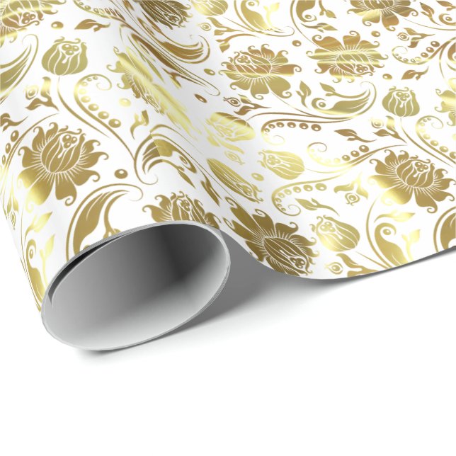 Elegant Gold & White Floral Pattern Wrapping Paper (Roll Corner)