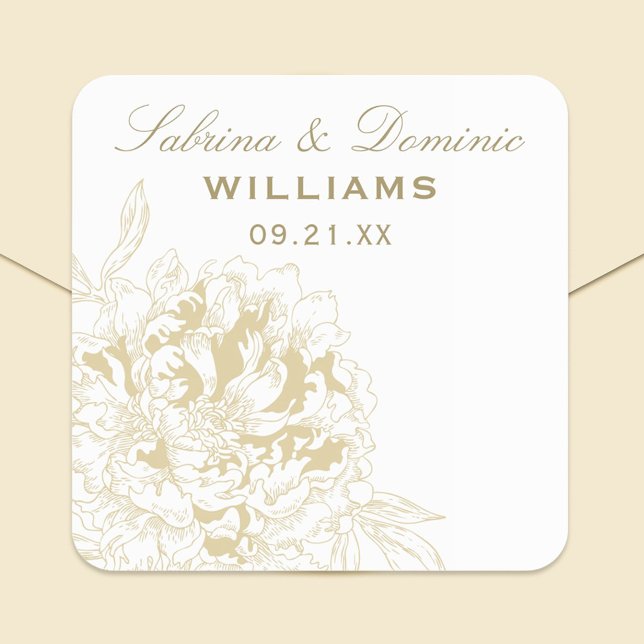 Elegant Gold White Floral Peony Wedding Monogram Square Sticker (Creator Uploaded)