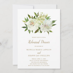 Elegant Gold White Floral Wedding Rehearsal Dinner Invitation