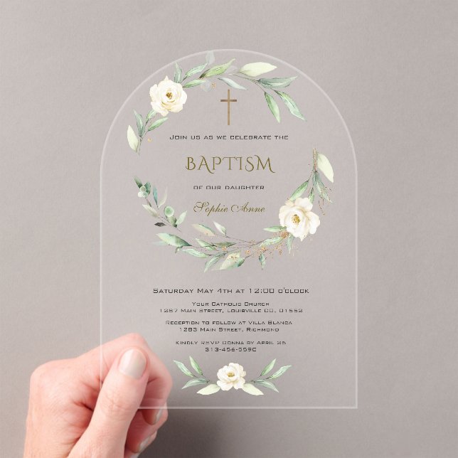 Elegant Gold White Flowers Cross Baptism Acrylic Invitations (Insitu (Handheld))
