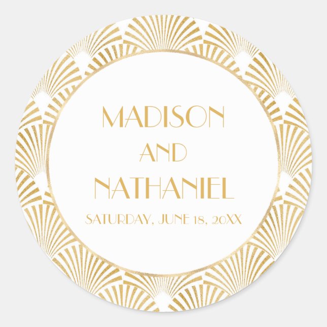 Elegant Gold White Geometric Art Deco Wedding Classic Round Sticker (Front)