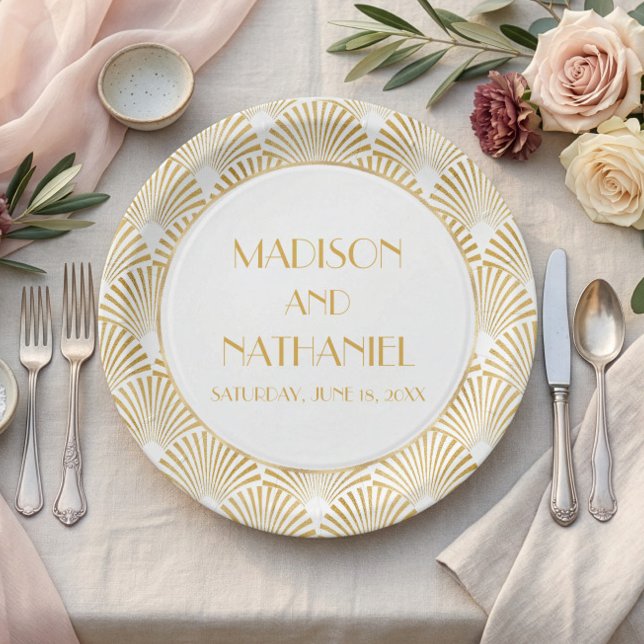 Elegant Gold White Geometric Art Deco Wedding Paper Plate (Creator Uploaded)