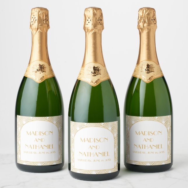 Elegant Gold White Geometric Art Deco Wedding Sparkling Wine Label (Bottles)