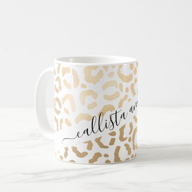 Elegant Gold White Leopard Cheetah Animal Print Coffee Mug (Front Left)