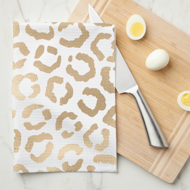 Elegant Gold White Leopard Cheetah Animal Print Kitchen Towel (Quarter Fold)