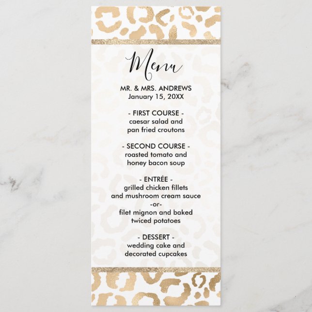 Elegant Gold White Leopard Cheetah Animal Print Menu (Front)